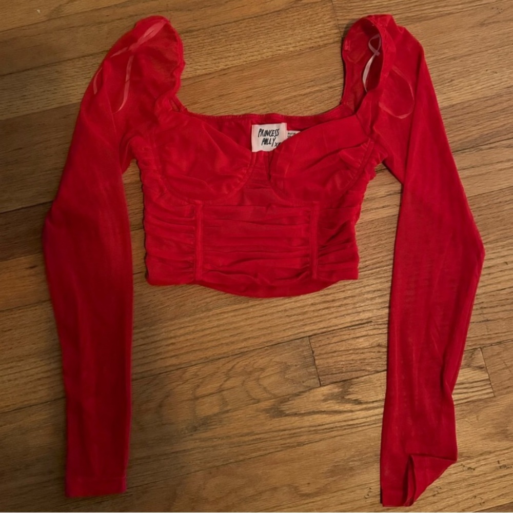 Red mesh corset long sleeve top
